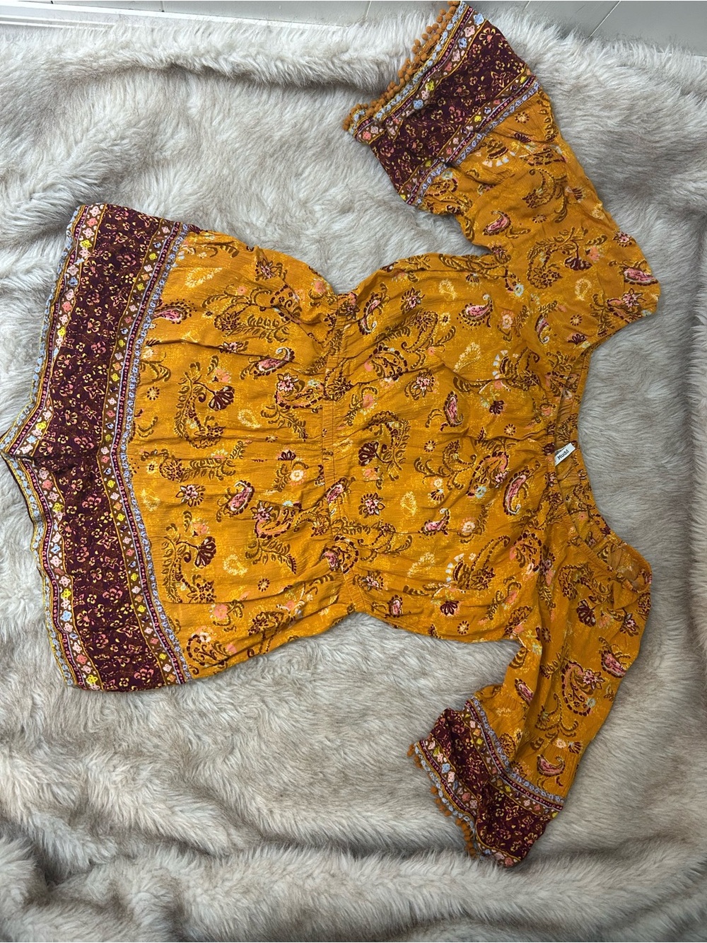Mudd Mustard Paisley Boho Off-Shoulder Romper with Burgundy Trim